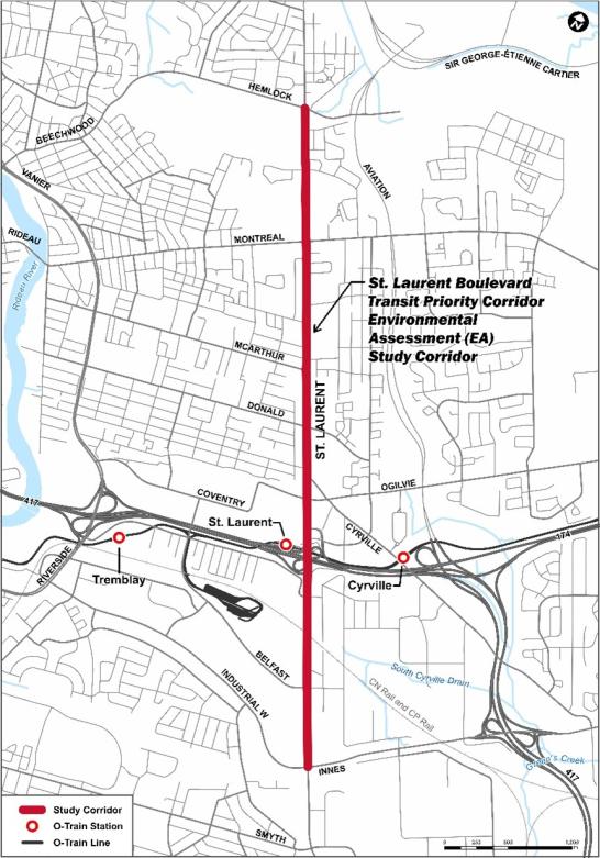 Map highlighting section of St. Laurent Boulevard from Hemlock to Industrial identifying it as the St. proposed Laurent Transit Priority Corridor subject to environmental assessment.